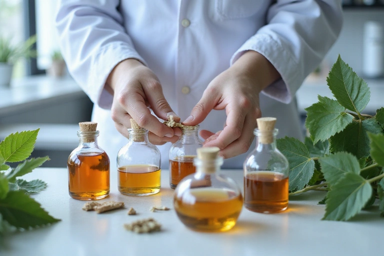 A close-up of hands carefully examining high-quality botanical extracts in a laboratory setting, emphasizing precision and scientific rigor.