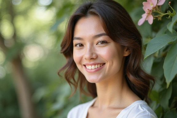 Radiant woman with healthy, glowing skin in a natural setting